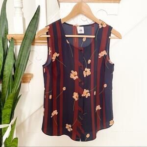 Cabi Navy Blue & Red Floral Striped Sleeveless Button Down Blouse Size XS